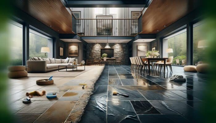 A slate floor in a busy home, showing dullness and stains, with a polished section gleaming brightly.