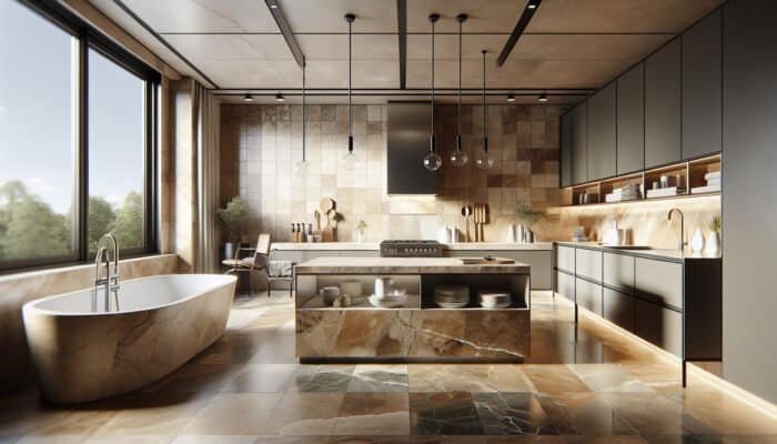 Contemporary UK kitchen and bathroom featuring honed, tumbled, and polished travertine tiles in warm earth tones.