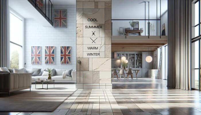 Elegant UK home interior showcasing durable travertine tiles that offer thermal comfort and timeless elegance.
