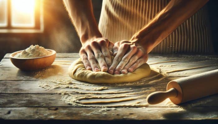 Chef's hands kneading pizza dough on a rustic table, flour in the air, sunlit kitchen.