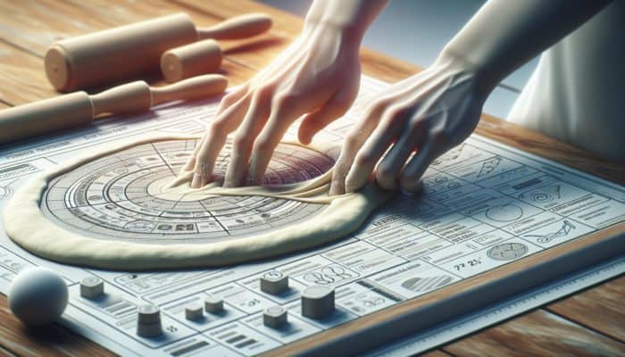 Person stretching pizza dough by hand, achieving even thickness with thicker edges for crust.