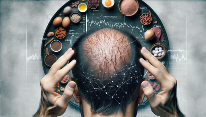 Scalp with thinning, brittle hair and loss patches next to protein-rich foods like eggs, meat, legumes.