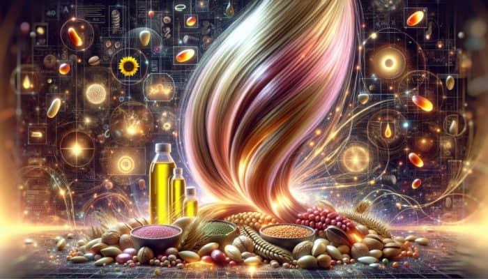 Lustrous hair strands coated in omega-6 fatty acids, with nuts, seeds, and oil bottles.