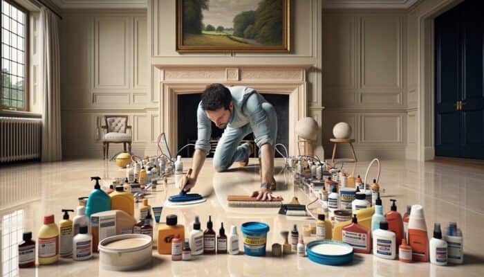 A person cleaning and assessing a travertine floor in a UK home with specialized polishing products.