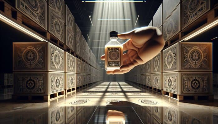 Hand holding pH-neutral polishing compound for travertine and limestone, with gleaming travertine floor and product boxes.