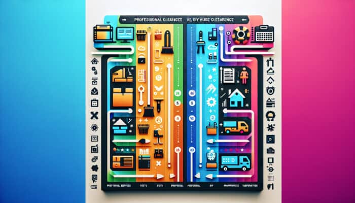 Infographic comparing costs of professional and DIY UK house clearance with bar graphs and icons.