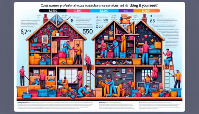 Infographic showing cost comparison of professional vs. DIY UK house clearance, with charts and people clearing items.