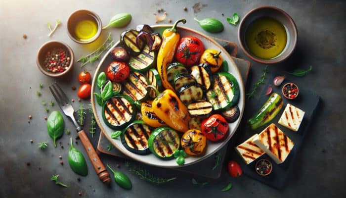 Vibrant grilled vegetable platter with zucchini, bell peppers, eggplant, halloumi, and tofu, drizzled with herb-infused oil and vinegar.