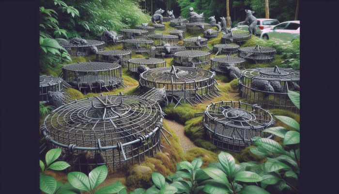 Close-up of various small animal traps with specifications, placed in nature, emphasizing ethical and legal compliance.