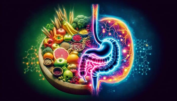 A vegan meal without B12-rich foods next to a stomach diagram showing malabsorption and medication effects on B12.