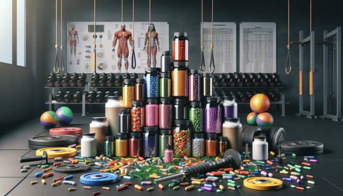 Supplements for First-Time Lifters: Vibrant supplement bottles and capsules on a gym floor alongside weights and fitness gear.