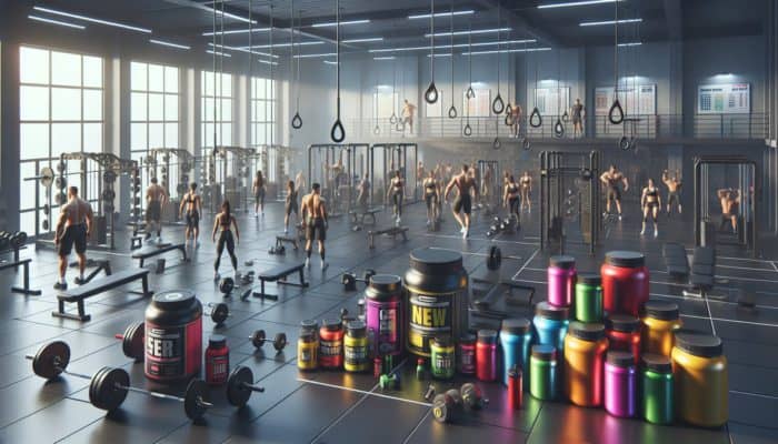 New weightlifters in a modern gym with fundamental supplements like protein powders and energy drinks.