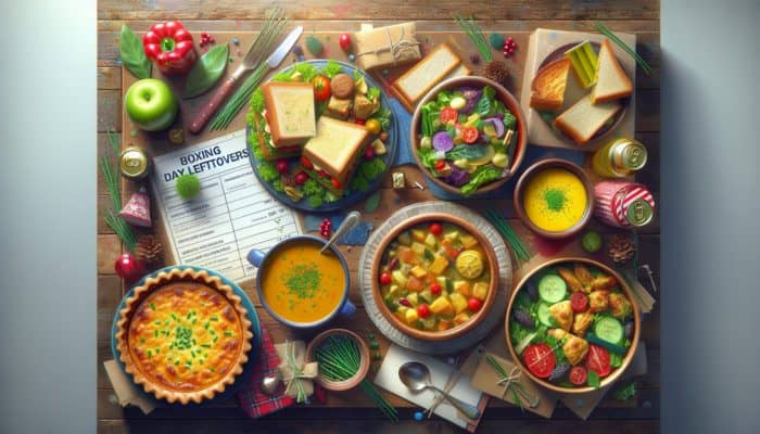 A colorful plate of Boxing Day leftovers with vibrant green chives on a rustic wooden table.