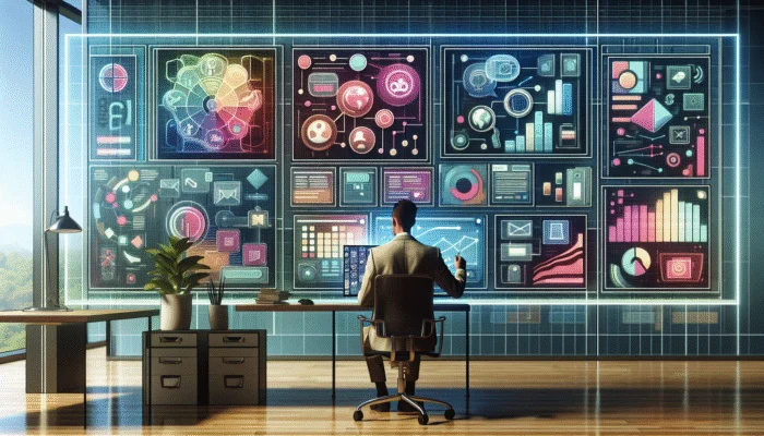 A person in a modern office analyzing industry reports on a screen, surrounded by interactive content and various formats.