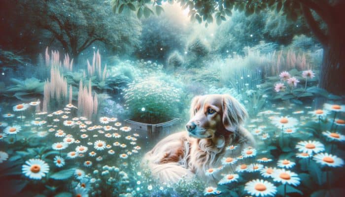 A serene pet in a tranquil garden with chamomile and valerian root plants, softly glowing.