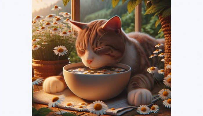 A serene pet drinking chamomile tea in a cozy, natural setting surrounded by flowers.