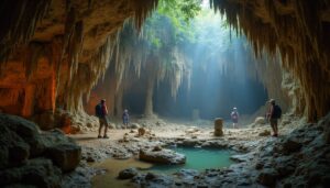 Four individuals with backpacks stand inside the majestic ATM Cave in Belize, surrounded by stunning stalactites, rocky formations, and a small pool of water. Sunlight streams through an opening above, illuminating the centre like a true Adventure Guide’s dream.