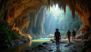 Three individuals with backpacks and hats navigate through the majestic ATM Cave in Belize, alongside a shallow stream. Sunlight streams in from the entrance, illuminating rocky walls and lush green surroundings—an adventure guide leads them past ancient stalactites.