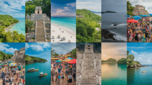 A collage of 12 photos depicts scenic beaches, ancient stone ruins, lush green landscapes, ocean views, lively festivals filled with market stalls, boats on water, and people relaxing on sandy shores under a mix of blue and cloudy skies—ideal visuals for a Belize travel guide.