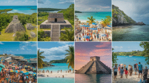 A collage of eight images featuring ancient Mayan ruins, busy beaches, clear turquoise waters, a marketplace adorned with colourful umbrellas, tourists enjoying the scenery, and tropical landscapes under Belize's sunny and partly cloudy skies.