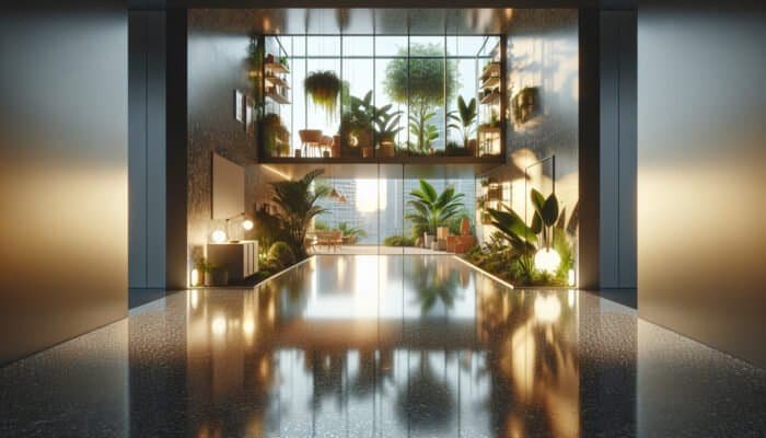 Restored terrazzo floor enhancing room's elegance, symbolizing value, durability, and eco-friendliness.