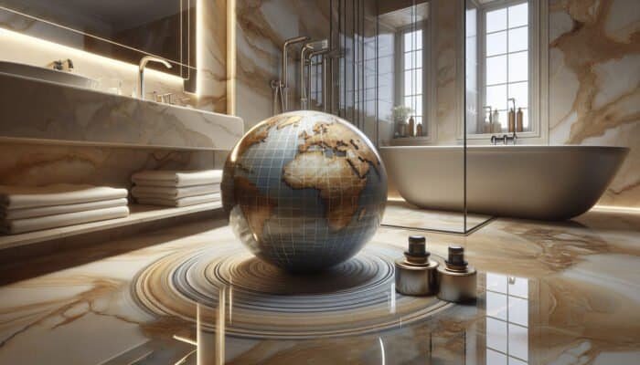 Polished travertine tiles with sealant applied, enhancing veining and color in a luxurious bathroom.