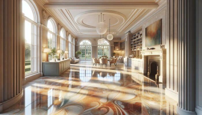 A beautifully restored limestone floor in an elegant Thames Ditton residence, showcasing vibrant colours and textures.