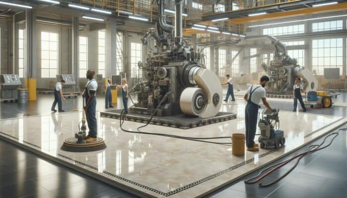 The limestone floor honing process featuring professionals using machinery in a well-lit workshop.