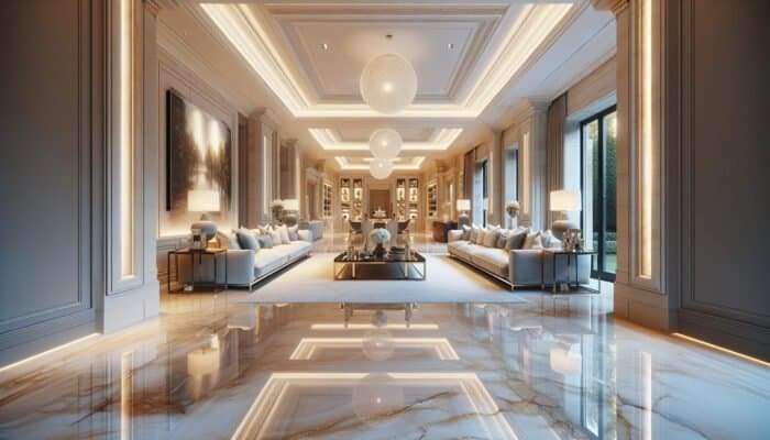 A highly polished limestone floor in an elegant Thames Ditton residence, reflecting light with a stunning, durable finish.