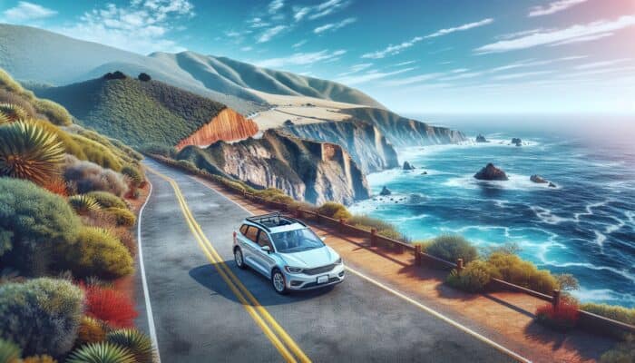 A rental car on a scenic coastal road with panoramic ocean views and rugged cliffs.