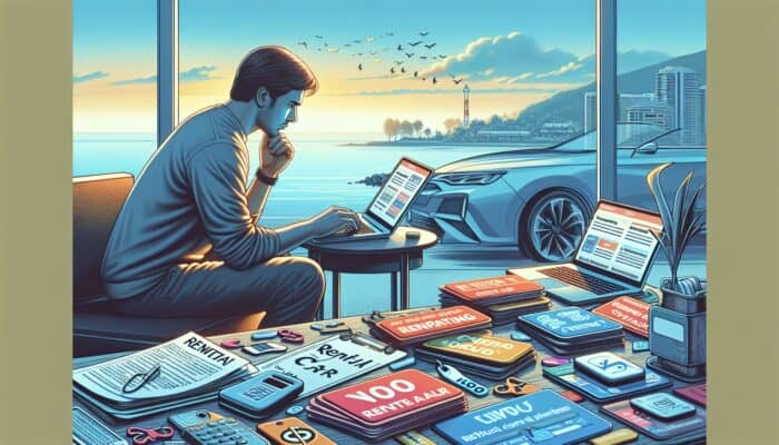 A person compares rental car offers on a laptop amidst promotional materials, with a coastal view.