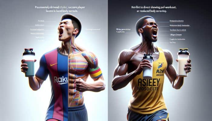 Soccer player and long-distance runner drinking whey protein isolate shakes, showing muscle recovery and reduced soreness.