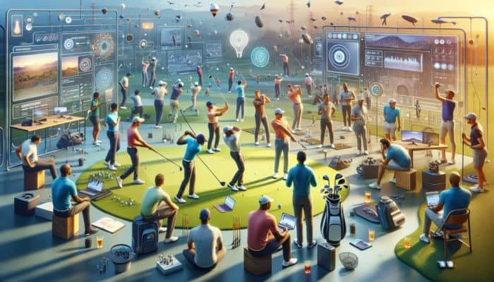 South African golfers using laptops and smartphones, engaging in a community forum with local expert support for swing analysis.