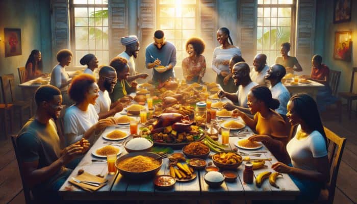 A vibrant Haitian feast featuring golden Griot, spicy pikliz, fragrant rice, and crispy plantains, shared joyfully among friends and family.