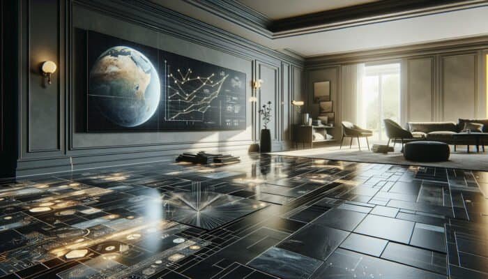 Polished slate flooring installation in a modern living room, showing the reflective surface and tile laying process.