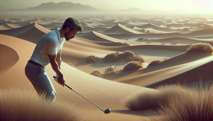 A golfer in South Africa's desert focuses on a challenging shot amidst towering sandy dunes.