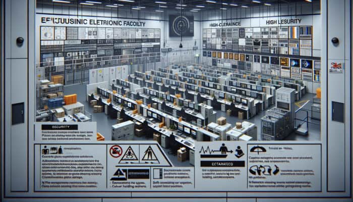 UK electronics facility with clear signage, protocols, and secure handling of sensitive equipment.