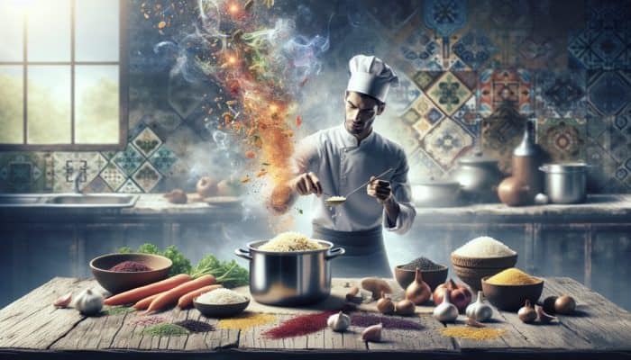 Chef expertly preparing pilaf with rice, saffron, and vegetables on a rustic kitchen table.