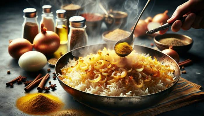 Iranian pilaf preparation with layers of golden onions, spices, and fluffed rice in a skillet.