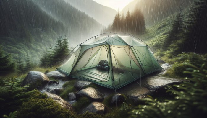 Survival Gear List: A lightweight, waterproof tent with mesh panels in a lush forest, ideal for two-person outdoor adventure.