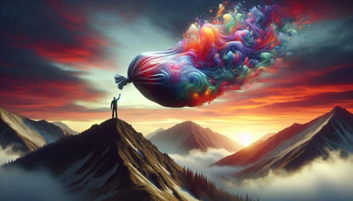 A person on a mountain releasing a bag of swirling emotions into the wind at sunset.