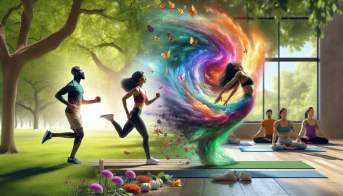 A person engaging in jogging, yoga, and dancing, surrounded by colorful bursts representing endorphins and emotional relief.