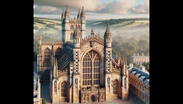 Restored limestone façade of Bath Abbey in Somerset, showing rejuvenated stonework after steam cleaning and chemical treatments.