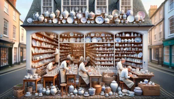 A welcoming East Calder porcelain repair shop where artisans are restoring ceramics, providing tailored consultations.