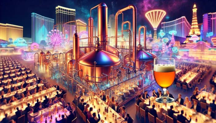 A vibrant Las Vegas scene with brewery tours, exclusive beer dinners, and guests enjoying tastings and culinary pairings.