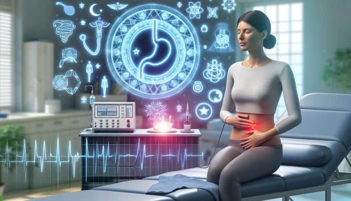 Patient receiving laser acupuncture for IBS in a clinical setting, with charts showing positive study results.