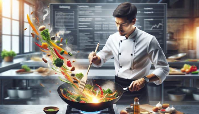 A chef expertly stir-frying vegetables in a wok with a spatula, ensuring even cooking and caramelization.