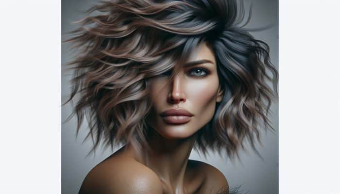 A woman over 50 with choppy, textured hair layers, showcasing volume and modern style.