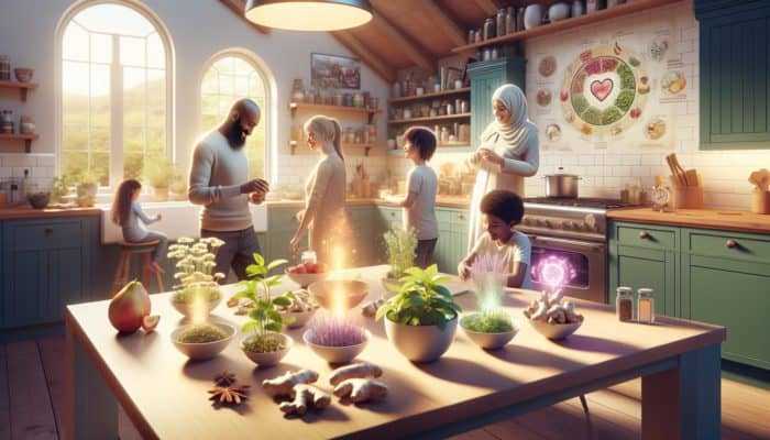 A family in a UK kitchen choosing herbs like chamomile, peppermint, ginger, and garlic for their medicinal benefits.