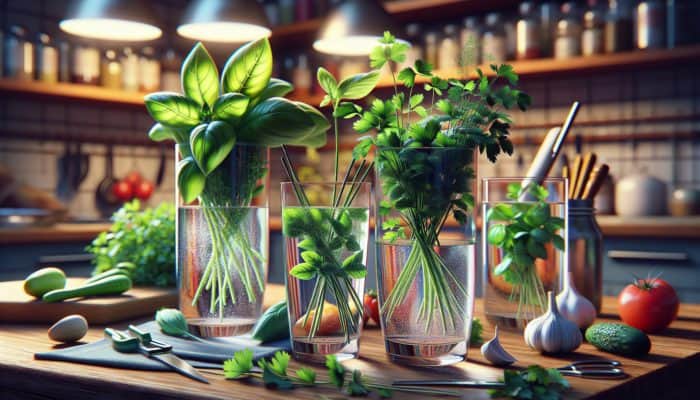 Glasses of water with fresh herbs like basil, cilantro, and parsley, stems trimmed, in a UK kitchen.